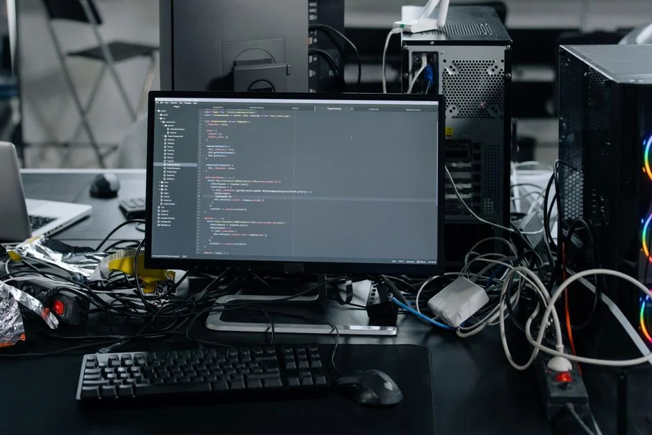 A minimalist desk setup featuring dual monitors, keyboard, mouse, and notebook for productivity.